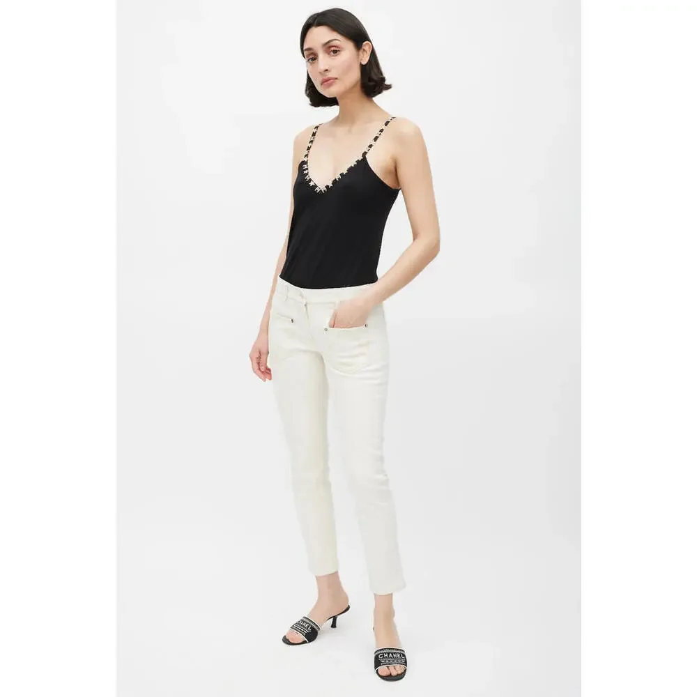 Vintage 07P CHANEL FR-36 Slim Leg Cream Cotton Jeans Pants 2007